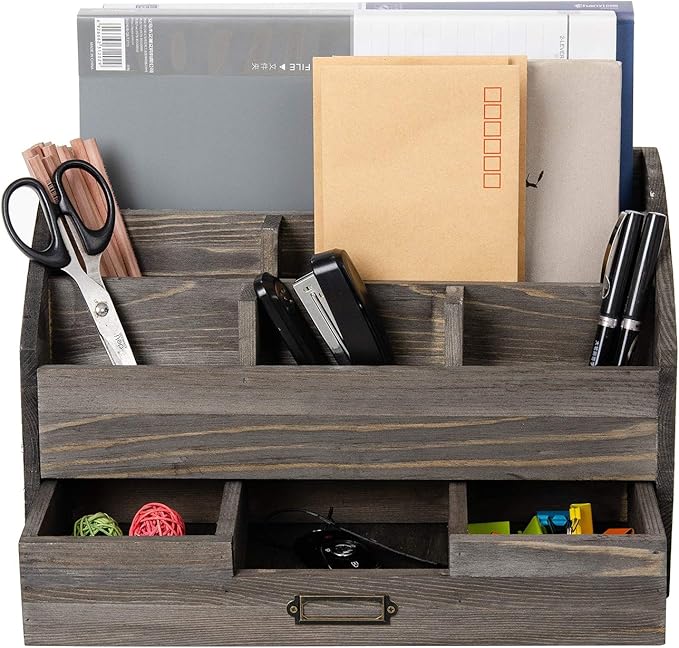 Distressed Rustic Wooden Office Desk Organizer 5 Compartment with 2 Drawer &Counter Desk Tabletop Desktop Mail Rack, Pens, Notebooks, Folders, Pencils and Office Supplies (Rock Grey)