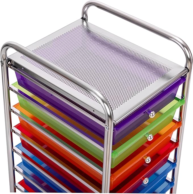 Seville Classics Rolling Utility Organizer Storage Cart, for Home Office, School, Classroom, Scrapbook, Hobby, Craft, 10 Drawer, Multicolor (Pearlized)
