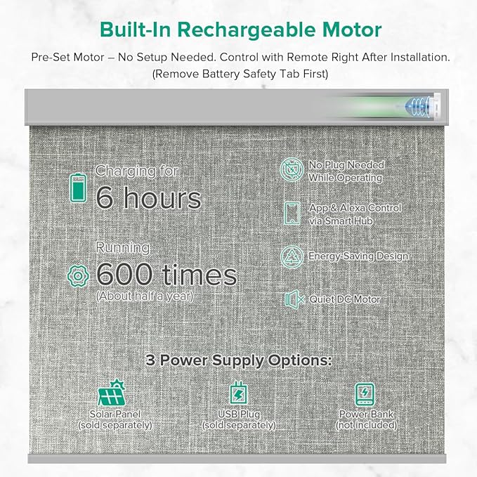 Kilonity Motorized Roller Shades, Light Filtering Remote Control Custom Window Shades Compatible with Alexa Google Assistant via RF Hub, Rechargeable Electric Blinds for Windows (Dark Grey)