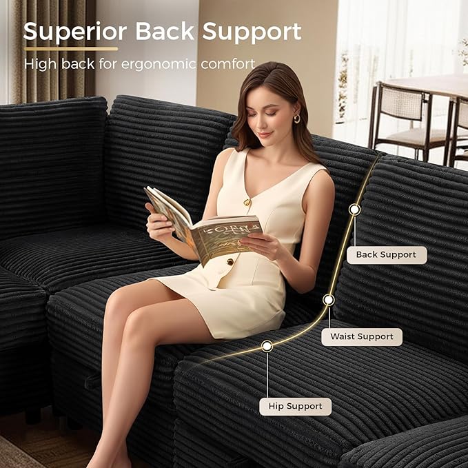 KKL Modular Sectional Sofa U-Shaped 6 Seater Couch with Storage Ottoman, Convertible L-Shaped Plush Wide-Wale Corduroy Couch for Living Room, Apartment, Modern Design, Black