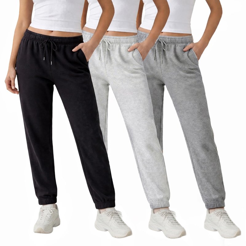 Common Stitch 3 Pack Fleece Elastic Cuff Joggers for Women — Deep Pockets, Tapered Fit, Elastic Drawstring Waist