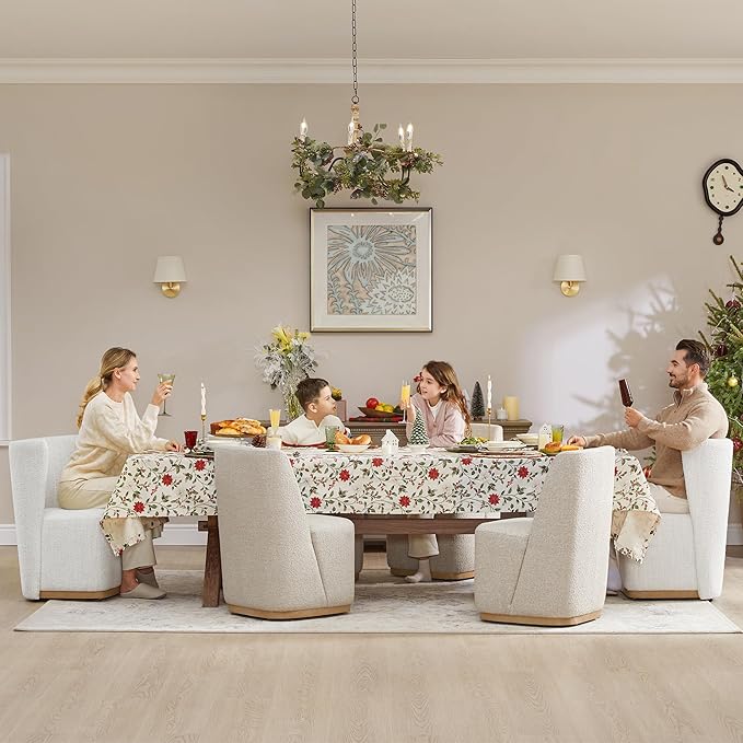 CHITA Upholstered Rolling Dining Chair on Casters Set of 4, FSC Certified Modern Curve Back Dining Chair with Casters, Boucle Dining Chairs for Reading Room Kitchen Dining Room, Pearl