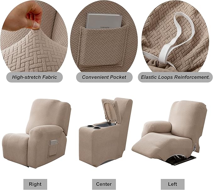 Genina Recliner Loveseat Covers, Stretch Reclining Sofa Covers, 2 Seater Couch Cushion Stripe Jacquard Recliner Slipcovers - Furniture Protector Covers for Pet Kid (Taupe)