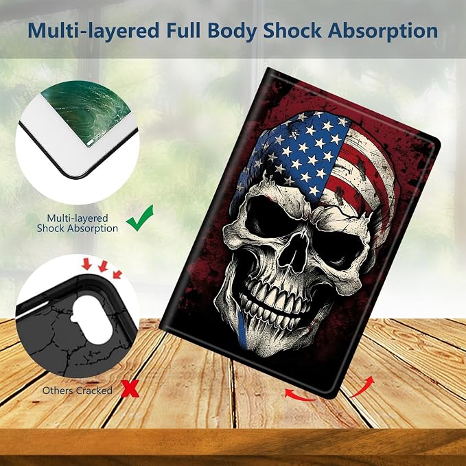 Slim Case for Amazon Kindle Fire Max 11 Case (13th Generation 2023 Release) 11 PU Leather Folio Stand Adjustable Smart Cover with Auto Wake/Sleep for Kindle Fire 11 TabletA American Flag Skull