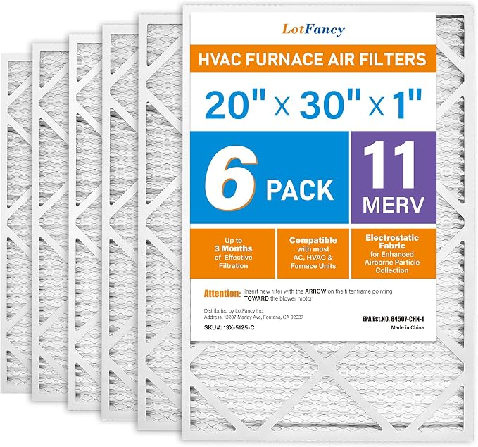 LotFancy 20x30x1 Air Filter MERV 11 6-Pack, Electrostatic Pleated AC Furnace