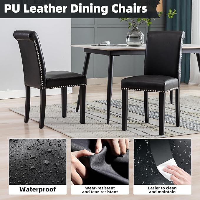 Westice Dining Room Chairs Set of 8 Upholstered PU Leather Kitchen Chairs Dining Room Side Chair with Nailhead Trim and Rubber Wood Legs for Small Space Apartment, Black