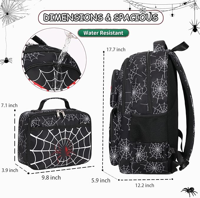 Kids Backpack Boys Spider Backpack with Lunch Box Kindergarten Elementary Middle School Travel Sport Toddler Bookbag for Boys Ages 4-14, Spider-Black
