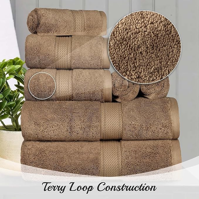 SUPERIOR Egyptian Cotton Pile 9 Piece Towel Set, Includes 3 Bath, 3 Hand, 3 Face Towels/Washcloths, Ultra Soft Luxury Towels, Thick Plush Essentials, Guest Bath, Spa, Hotel Bathroom, Latte