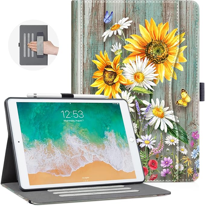 Vimorco for iPad 9th/8th/7th Generation Case 10.2-inch Pencil Holder/Pocket | for iPad Air 3rd Generation Case 10.5-inch for iPad Pro 10.5 Inch Cases Hand Strap Adjustable Angle Beach Path Scenery