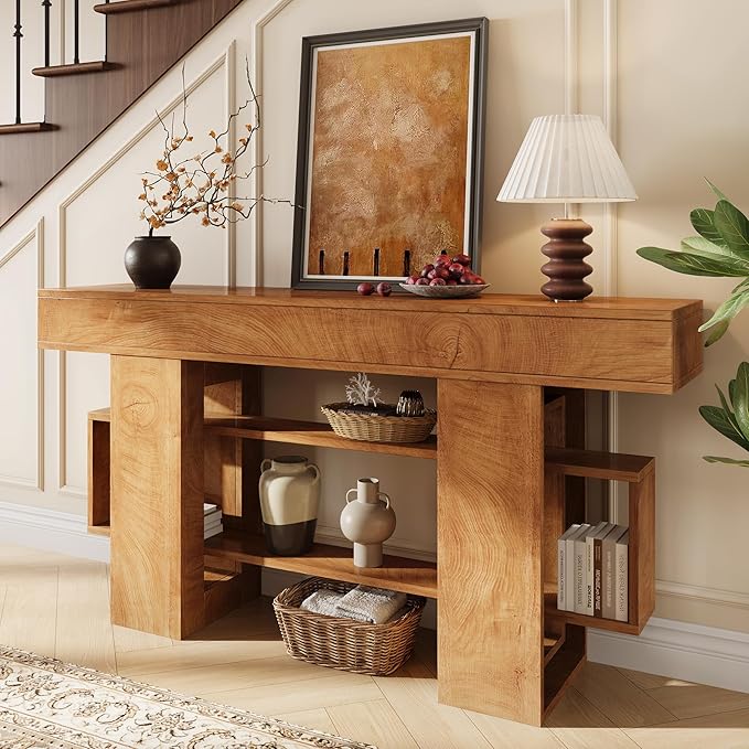 63 Inch Long Console Table for Entryway, Farmhouse Wooden Sofa Table Behind Couch with 3-Tier Storage Shelf, Narrow Entry Accent Table for Living Room, Hallway, Foyer, Natural
