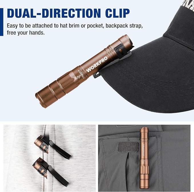 WORKPRO Rechargeable Pen Light 2 Pack Ultra-Compact EDC Flashlight Black | Mini Flashlight Pocket Flashlight with Clip Memory Function and 2 x USB C Cable Included