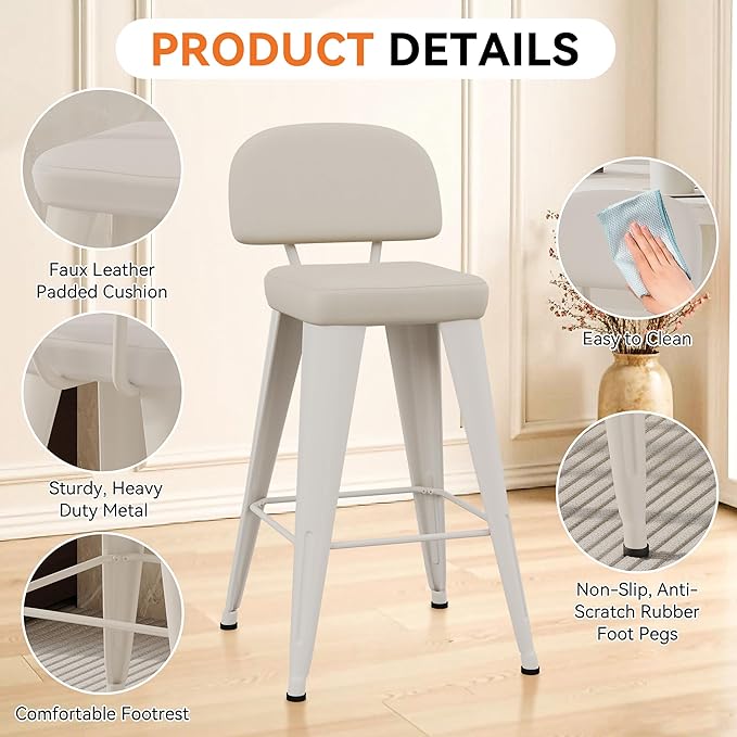 Aklaus PU Leather Metal Bar Stools 26 inch Faux Leather Counter Height Barstools Set of 2 Modern Farmhouse Bar Chairs with High Backs and Faux Leather Seat for Kitchen Island Dining Room Off White