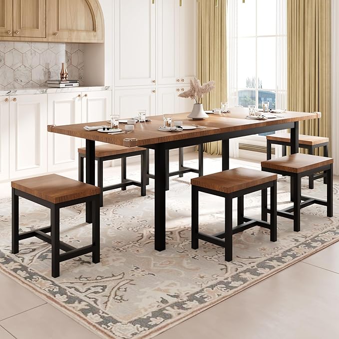 Feonase 7-Piece Dining Table Set with 6 Stools, 63" Large Extendable Kitchen Table Set for 4-8, Mid-Century Dining Room Table with Heavy-Duty Frame & MDF Board, Easy Assembly, Walnut