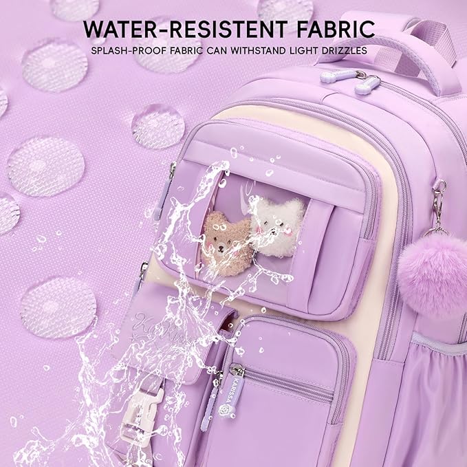 Girls Backpack with Lunch Box 3Pcs, Kawaii School Bag Set for Kid Elementary Middle School, Multi-Pocket Cute Laptop Bookbag Lightweight, Purple