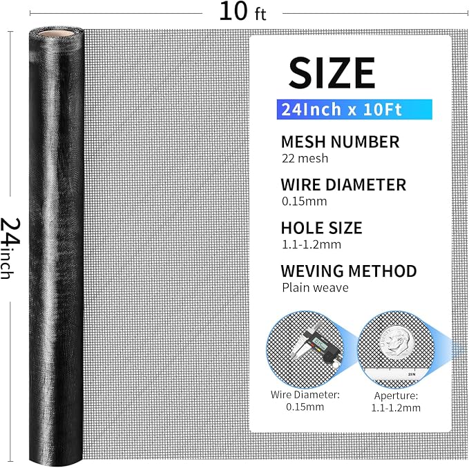 304 Stainless Steel Mesh, 24in x 10ft, 22 Mesh, Sturdy Metal Screen Roll