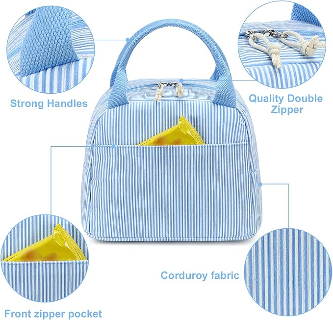 LEDAOU Lunch Box for Women Insulated Lunch Bag Corduroy Lunch Tote Bags Leakproof Cooler Lunch Case for Travel Work Picnic (K-Stripes-Blue)