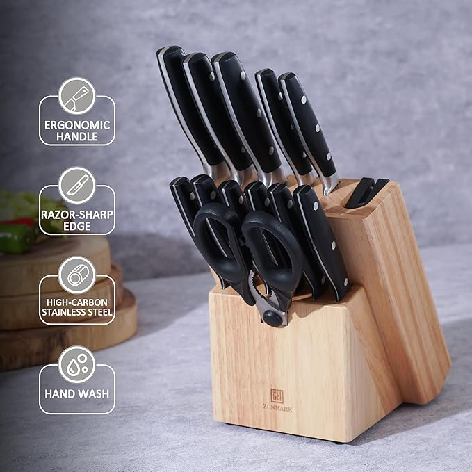 ZUNMARK Kitchen Knife Set, Professional 13 Piece Knife Set with Block and Sharpener, Sharp Chef Knife Set, Ideal for Home