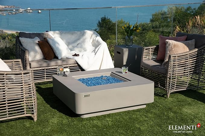 Elementi+ | Lucerne Gas Fire Pit Cast Concrete 42" Square Fire Table, Outdoor Fire Pit Electronic Ignition | Canvas Cover, Fire Glass and Burner Lid Included | Light Gray | Natural Gas