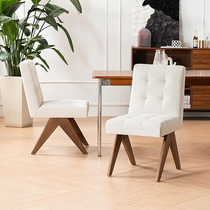 Rowill Modern Upholstered Dining Chairs Parsons Chair Linen Fabric Kitchen Chairs Tufted Armless Dining Room Chairs with Wood Legs Set of 2, Beige