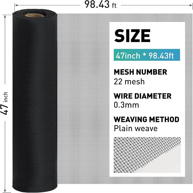 304 Stainless Steel Mesh Window Screen Roll, 47IN x 98.43FT Black Metal Window