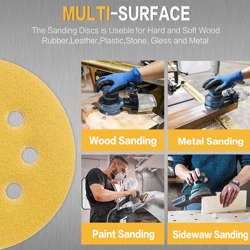POTUINOM 100PCS 5 Inch 8 Hole Sanding Discs 120 Grit,Gold Round Hook and Loop Sandpaper for Random Orbital Sander