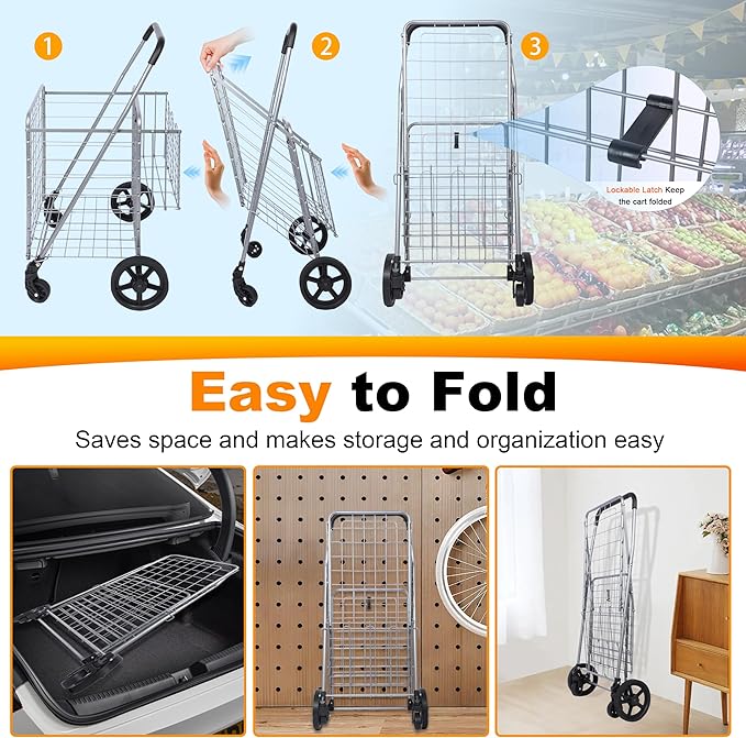 Whitmor Utility Folding Shopping Cart, 115L Heavy Duty Grocery Cart with Double Basket, 360° Swivel Wheels, Foldable Rolling Utility Trolley, 110 Lbs Capacity for Grocery, Laundry, Travel, Sliver