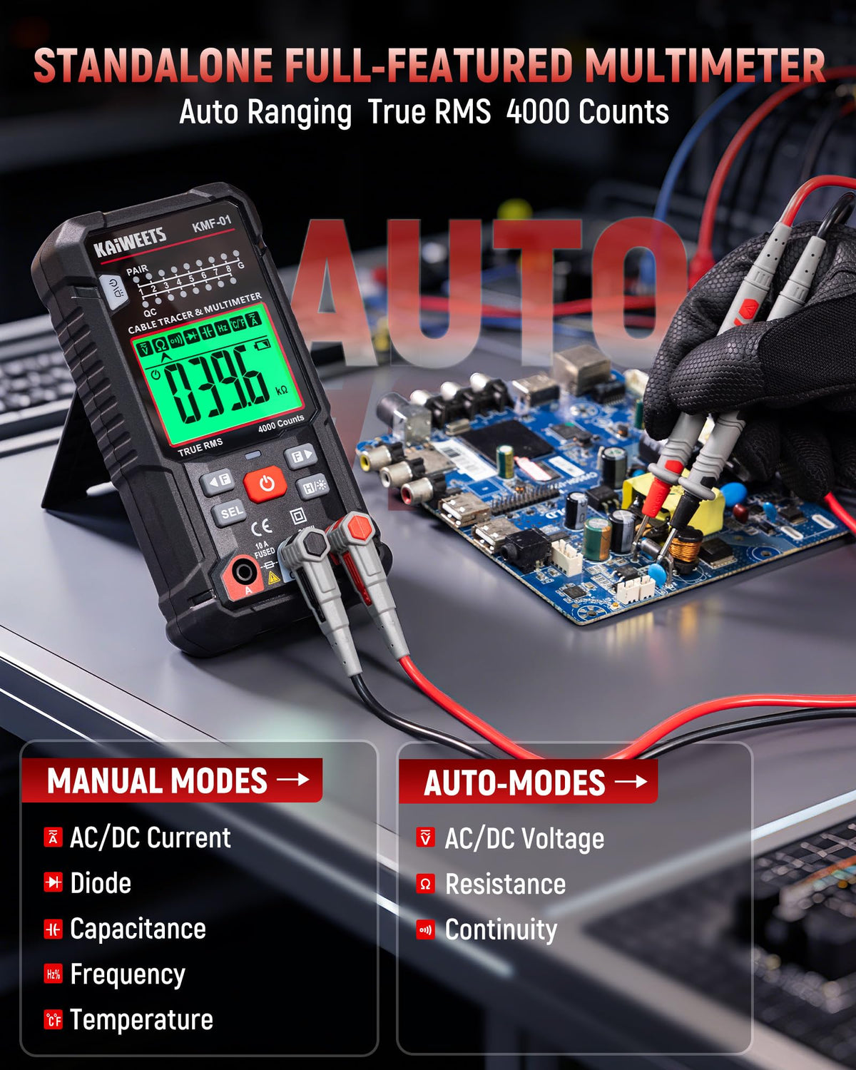 KAIWEETS 3-in-1 Multimeter & Cable Tracer Kit, Auto-Ranging Digital Multimeter with True RMS 4000 Counts, RJ45/RJ11 Wire Tracing & NCV Voltage Detector for Electricians, Home DIY & Auto Repair KMF-01