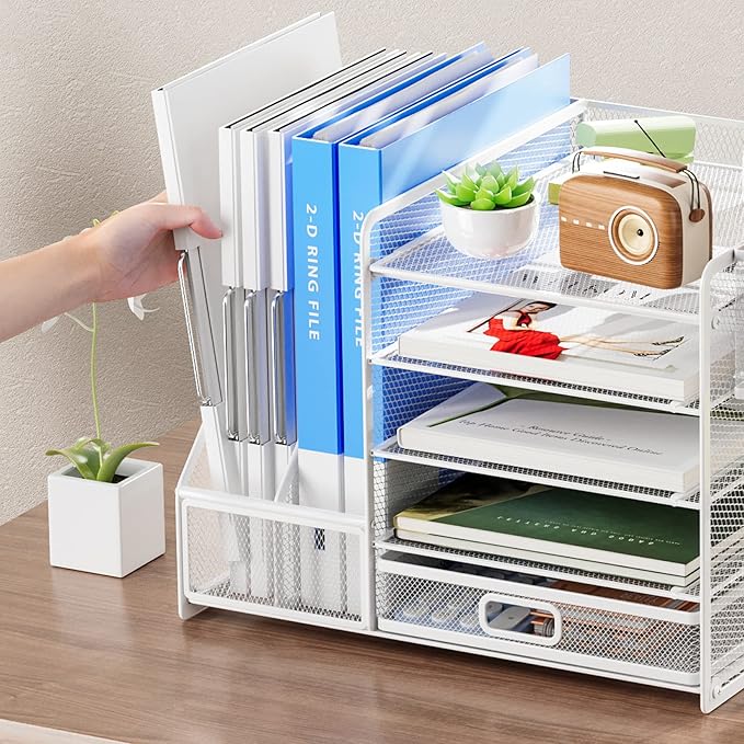 Marbrasse Desk Organiser with File Holder, 5-Tier Paper Letter Tray Organiser with Drawer and 2 Pen Holder, Mesh Desktop Organizer and Storage with Magazine Holder for Office Supplies(White)