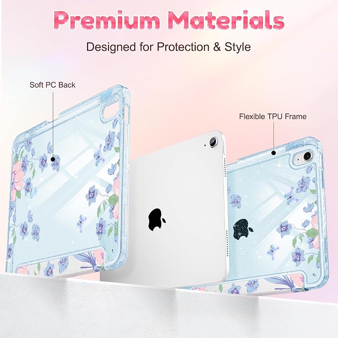 for iPad Air 11 inch M4/M3/M2 (2026/2025/2024) iPad Air 5th/4th Gen (2022/2020) 10.9 inch with Pencil Holder Glitter Clear Pretevtive Cover Auto Wake/Sleep Black Cartoon Stickers