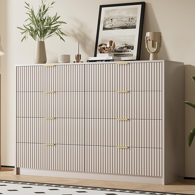 Beige Dresser for Bedroom, Modern Dresser with 8 Drawers and Smooth Slides, Wide Chest of Drawers with Golden Handles for Bedroom, Closet, 15.7" D x 55" W x 37.4" H