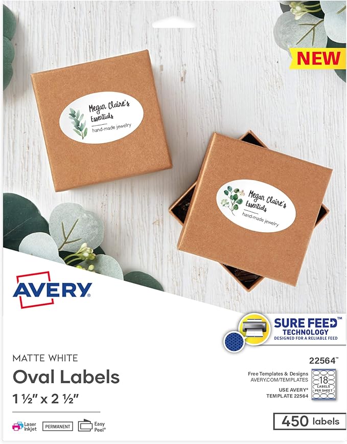 Avery Printable Blank Oval Labels, 1.5" x 2.5", Matte White, 450 Customizable Labels (22564)