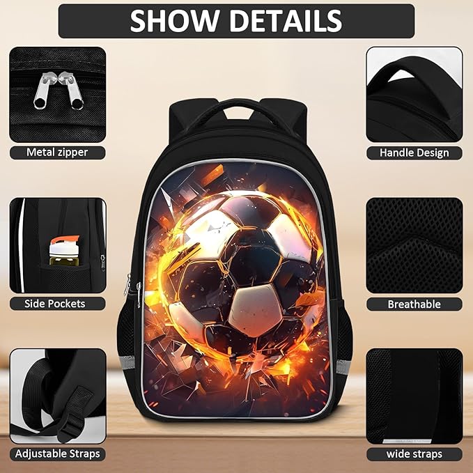 School Backpack for Boys - 4pcs Soccer Boys Backpack with Lunch Box and Pencil Case for Kids Children Teens Elementary Middle School - Students Bag for Ages 6-18,17″Bookbag Travel Back Pack