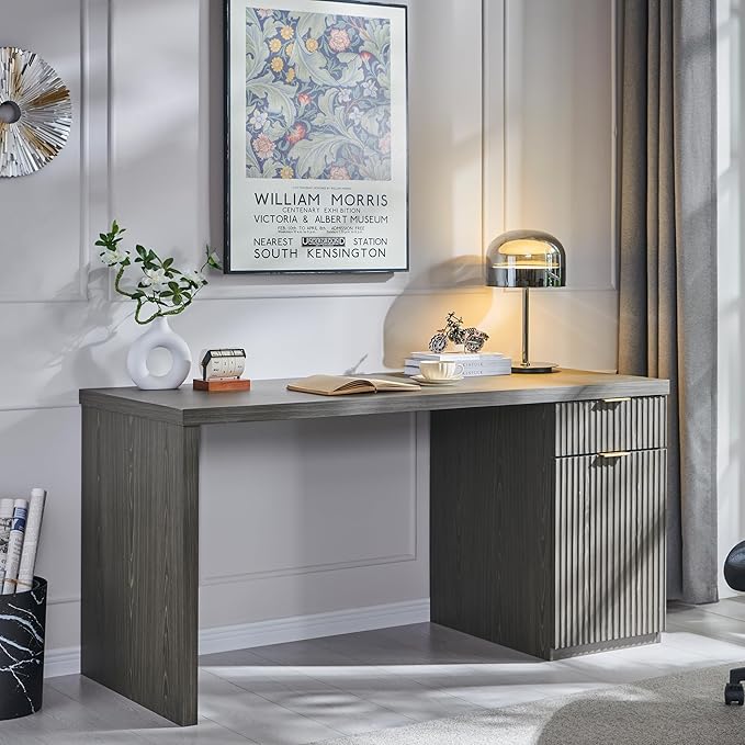 JXQTLINGMU 60" Modern Executive Desk with Storage, Wood Home Office Desk with Drawer & Cabinet, Fluted Computer Writing Desk for Study, Work, Living Room, Bedroom, Grayish Green