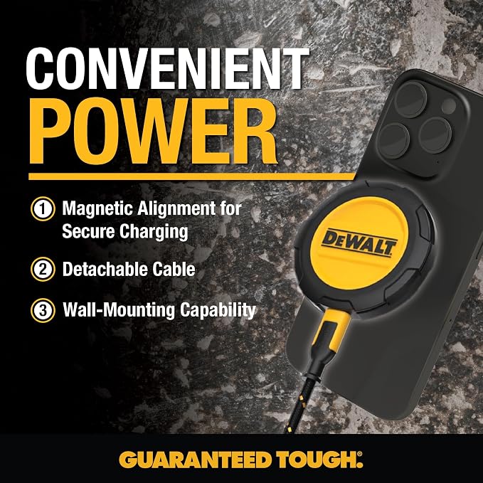 DEWALT Heavy Duty Wireless Charger 15W Max Cell Phone Charger | Wireless Charging Pad for MagSafe Compatible iPhone 17/16/15/14/13/12 Plus Pro Max Includes Wall Mounting Plate