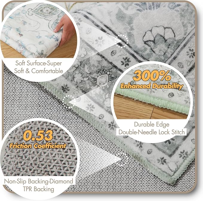 5x7 Soft Washable Area Rugs for Living Room and Bedroom, Non-Slip Stain Resistant Indoor Carpet, Cozy Floor Mat for Dining Room, Office, Under TableStain Resistant Green Floral
