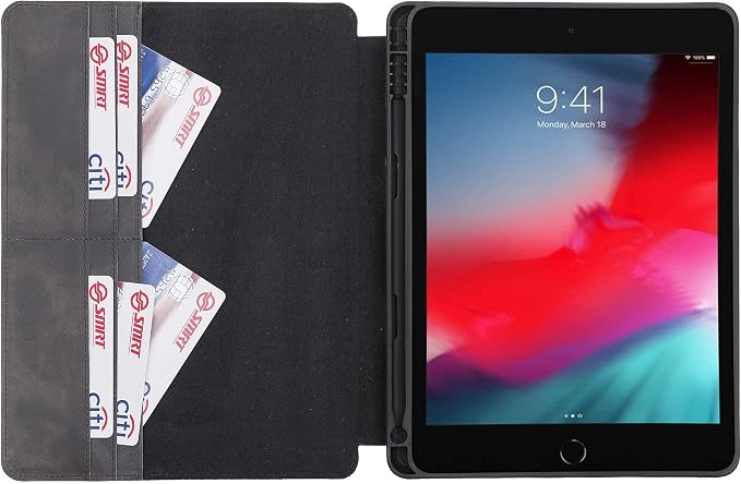 Genuine Leather Handmade iPad 10.2 Magnetic Closure Case with Separeted Compartments and Card Slots for Women &amp Men (8th Gen 2020) (7th Gen 2019) (Black)