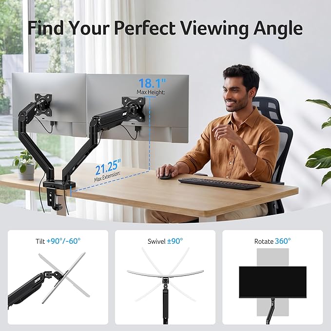 Acer Dual Monitor Arm, Computer Desk Arm with VESA Mounts for 17–32″ Screens, Fully Adjustable Gas Spring Monitor Stand, C-Clamp and Grommet Mounting Base, Fits 4.4 to 19.8lbs Computer Monitors