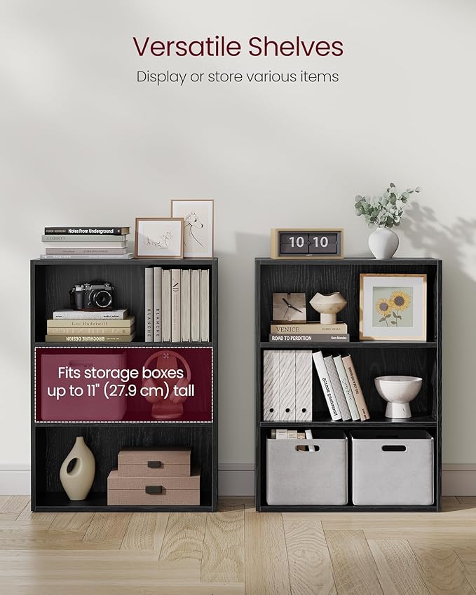 VASAGLE Custos Collection - Bookshelf, 3-Tier Bookcase, Book Shelf, Open Storage Shelf, 9.4 x 23.6 x 32 Inches, for Living Room, Home Office, Dinning Room, Ebony Black ULBC163T56