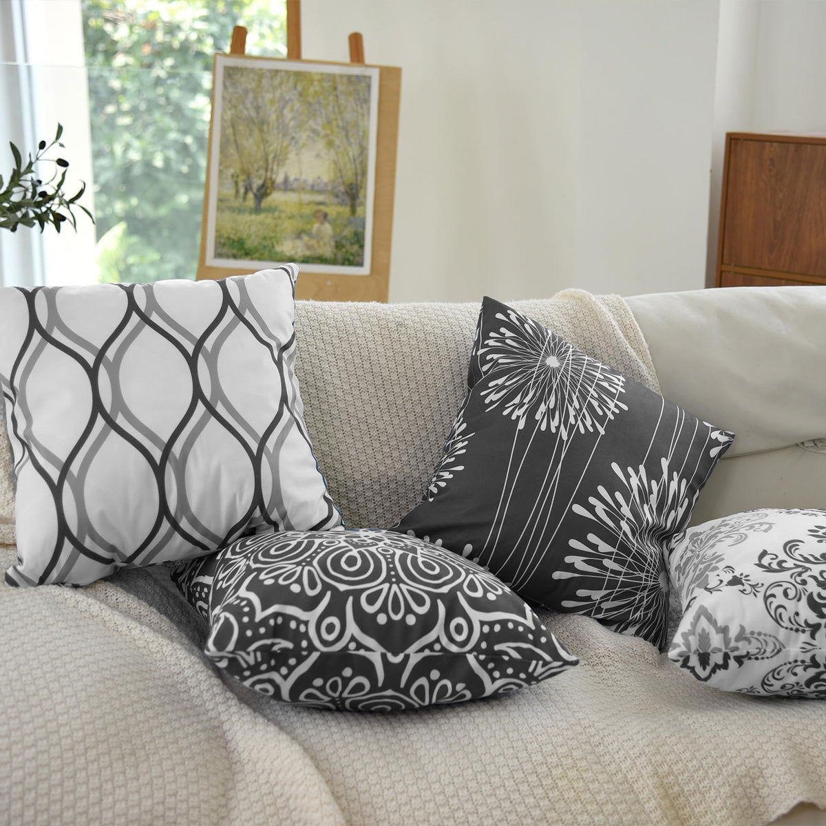 Coliuso Decorative Throw Pillow Covers 18x18 Set of 4, Dark Grey and White Modern Simple Square Pillow Case Cushion Cover for Sofa Couch Farmhouse Outdoor Living Room (Dark Gray and White, 18x18 inch)