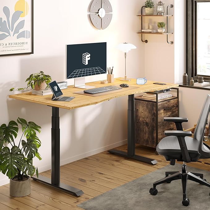 FLEXISPOT E6 Pro Oval Leg Dual Motor 3 Stages Bamboo Electric Standing Desk 55x28 Inch Whole-Piece Board Height Adjustable Electric Sit Stand Up Desk (Black Frame + Bamboo Curved Desktop)