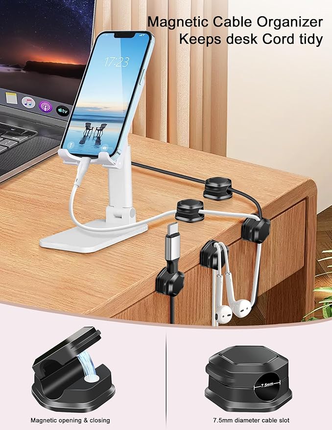 Cord Holder - Magnetic Cable Clips - Under Desk Cable Management - Adhesive Wire Holder Keeper Organizer for Desk, Nightstand, Phone Charger, Computer, Home, Office, Car (6pcs)