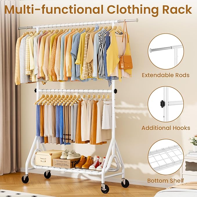 Double Rods Clothing Rack, Heavy Duty Clothes Rack for Hanging Clothes Load 560LBS, Metal Rolling Garment Racks with Wheels, Freestanding Clothes Hanging Racks, White