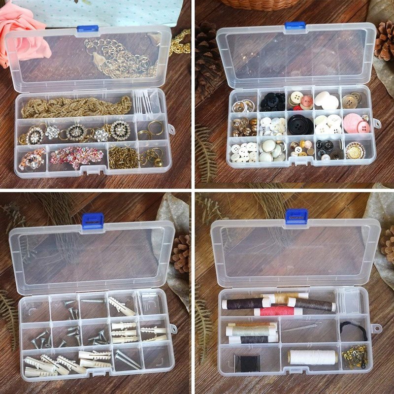 Qualsen 15 Girds Bead Organizer with Adjustable Dividers(4 Pack), Tackle Box Organizer and Small Plastic Organizer Box for Jewelry, Beads, Earrings, Crafts, Screws and Fishing Tackles Small Items