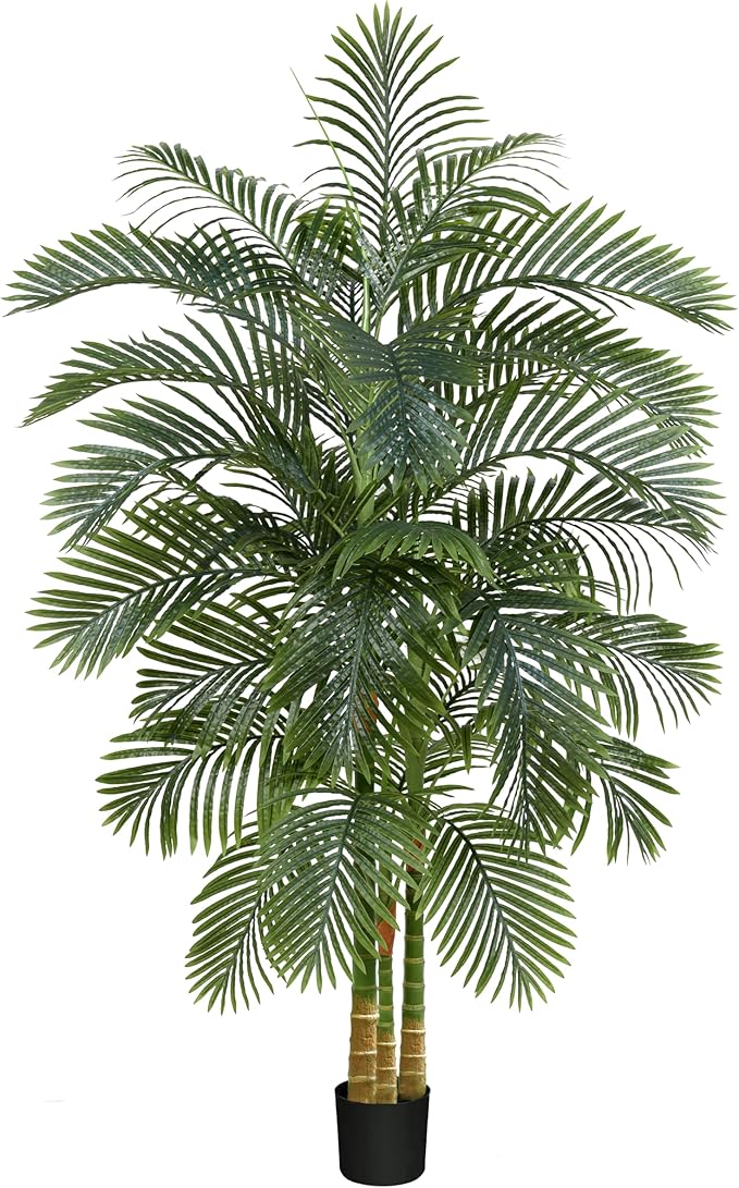 Artificial Golden Cane Palm Tree 7FT, Fake Palm Tree with Three Realistic Trunks and Lifelike Palm Leaves, Faux Palm Plant for Indoor Home Décor with Black Planter