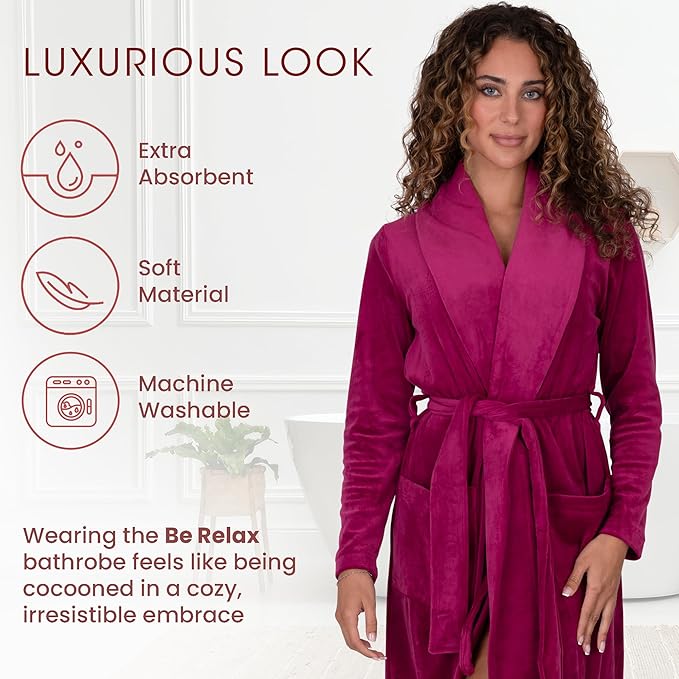 Be Relax Terry Velour Robe - Made of Polyester, Shawl Collar Robe with Belt & Side Pockets, Soft & Warm Bathrobe for Women