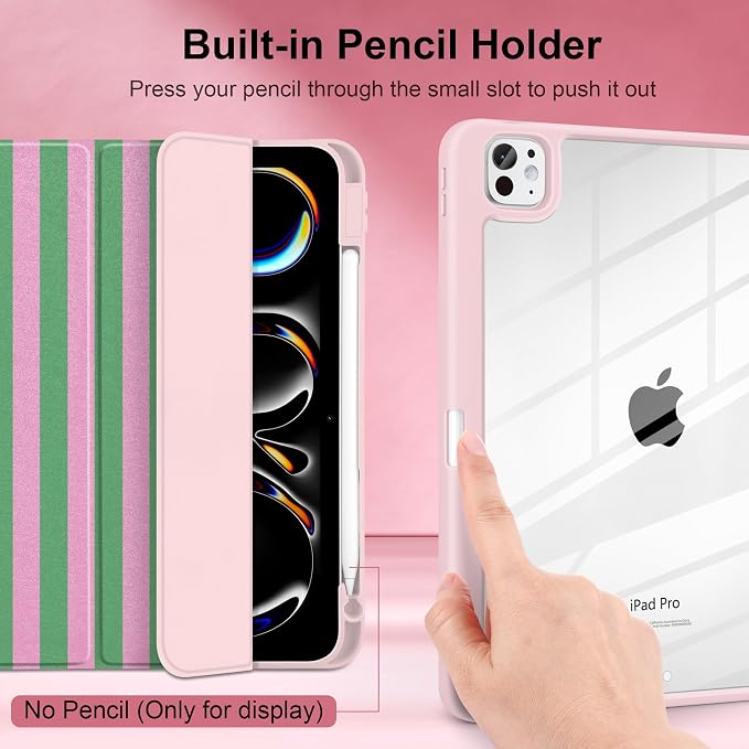 DONGKE for iPad Pro 11-Inch Case (M5 2025 / M4 2024) 6th/5th Generation [Auto Sleep/Wake &amp Pencil Pro Holder] Clear Acrylic Back Smart Trifold Stand Cover Bear &amp Cherry