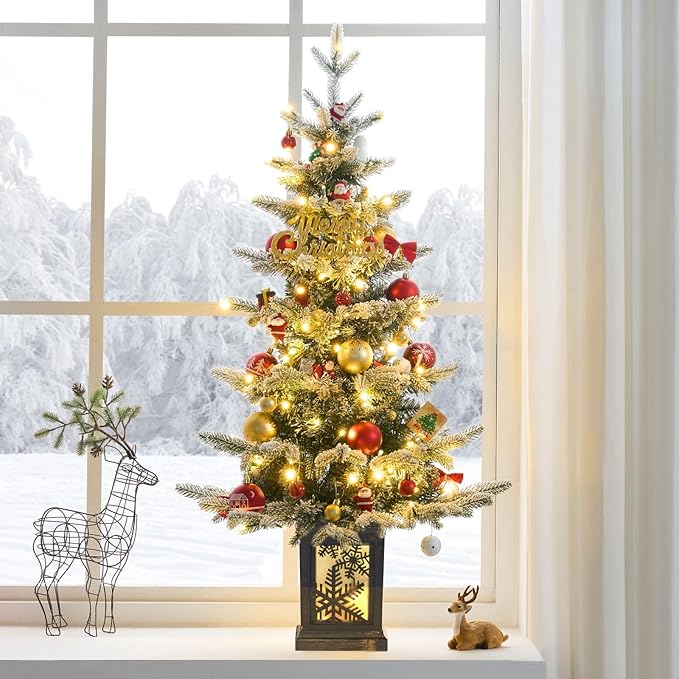 Small 3.5 FT Pre-Lit Christmas Tree with Ligths Snow Flocked Tabletop Christmas Tree with Vintage Snowflake Base for Home Office Xmas Decor, Battery Operated and Timer Function