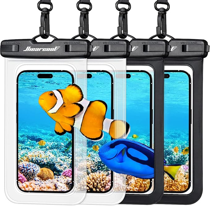 Hiearcool Waterproof Phone Pouch, Water Proof Phone Case for iPhone, Waterproof Cell Phone Dry Bag for Cruise Travel Vacation Essentials Large Waterproof Phone Holder 4 Pack-Black&Clear