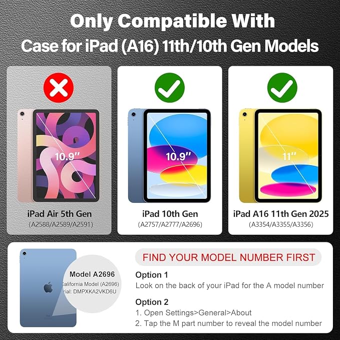 Case for iPad A16 11th / 10th Gen 10.9-Inch 360° Rotating Kickstand | Kids Shockproof Protective Cover with Handle Shoulder Strap &amp Pencil Holder Durable Silicone Case for Girls Black