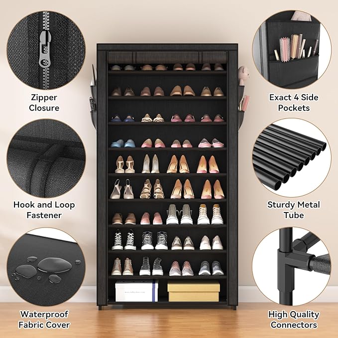 ROJASOP 10 Tier Shoe Rack with Covers,Large Capacity Stackable Tall Shoe Shelf Storage to 50-55 Pairs Shoes and Boots Sturdy Metal Free Standing Shoe Rack Organizer for Closet Entryway Garage